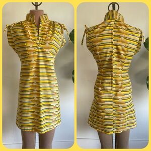 70s VINTAGE Geo Stripe Print Mandarin Collar Empire Waist Mini Dress